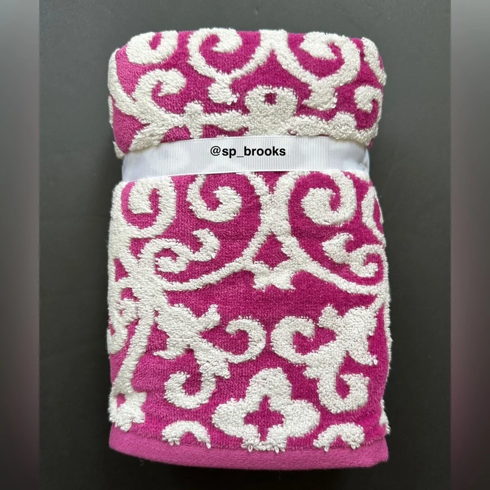 🎁6PC Tahari Bath Towel Set -Fuchsia Scrolls Decorative Towels- Reginazt - Cotton